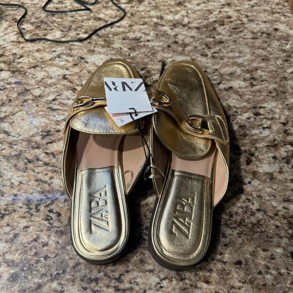 Gold Metallic Zara Leather Low Heel Mules Slip-Ons (NWT) - Picture 3 of 4
